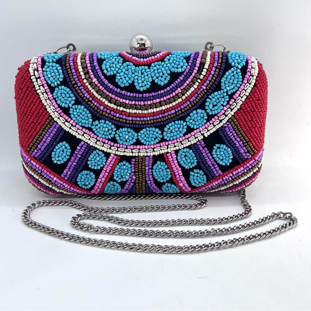 Colorful Beaded Clutch Bag Chain Strap Hard Case Boho Evening Purse
